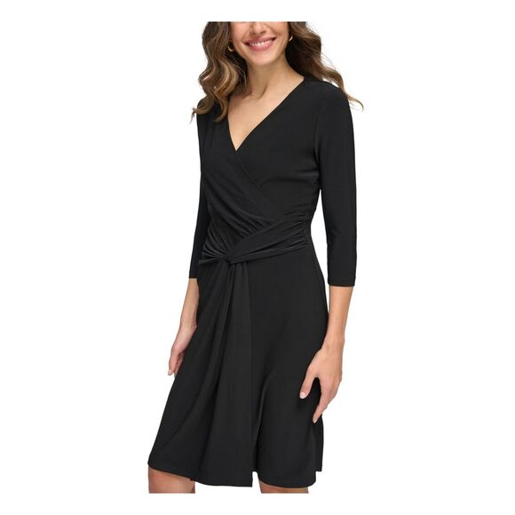 TOMMY HILFIGER Womens Black Twist Front Pullover 3/4 Sleeve Faux Wrap Dress 2 - Picture 3 of 4